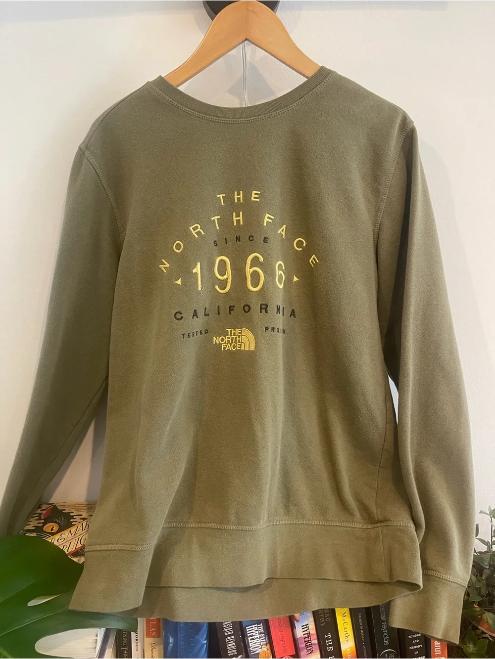 The North Face Olive Green Crewneck Sweatshirt with Yellow Logo
